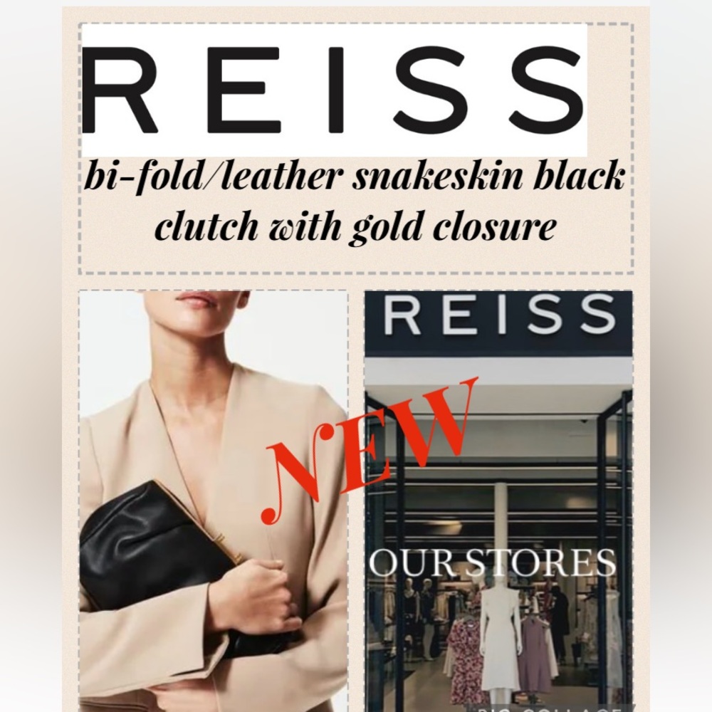 2-1 NEW Reiss London  bi-fold leather black clutch with V Gold closure